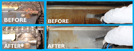 showing before and after results, of using high pressure superheated steam to dissolve grease and grime